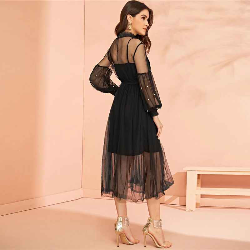 SHEIN Прозрачное Сетчатое Платье С Оригинальным Рукавом И Бусинами Нарядное Вечернее Платье На Бретельках С Открытой Спиной