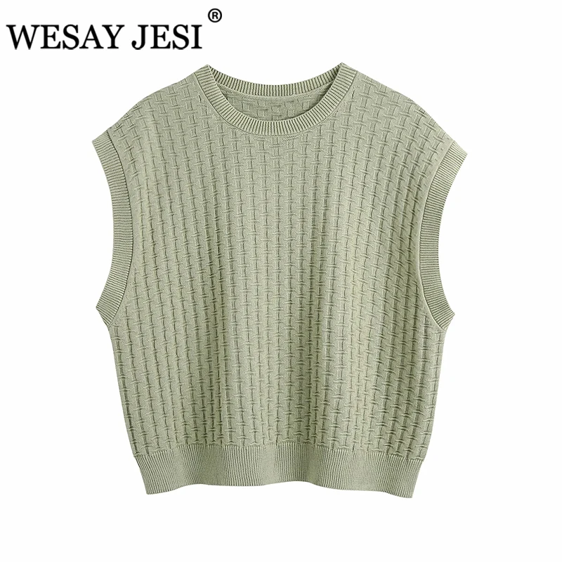 

WESAY JESI Women Clothing Kintted Tops TRAF ZA New Fashion Elastic Fashion O-neck Sweater Vintage Sleeveless Solid Soft Sweater