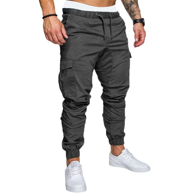 FK100 Dark Grey Мужские повседневные брюки для бега, однотонные тонкие брюки-карго, мужские брюки с несколькими карманами, новая мужская спортивная одежда, хип-хоп штаны-шаровары, узкие брюки - Цвет: FK100 Dark Grey