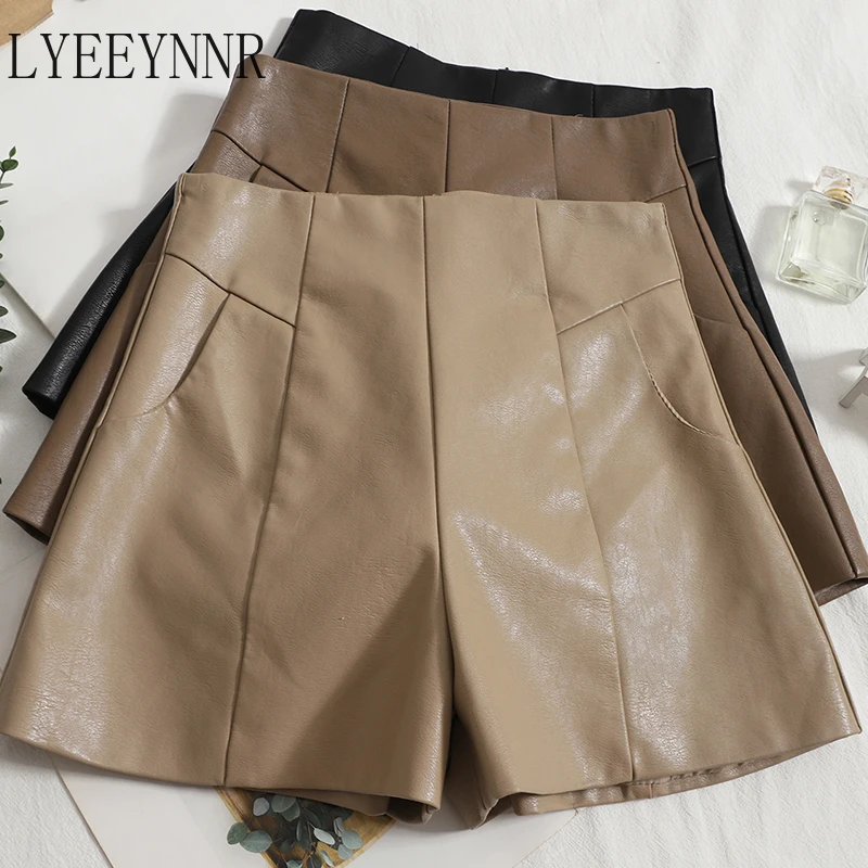 

Шорты LYEEYNNR женские из искусственной кожи, однотонные повседневные универсальные Элегантные Короткие штаны с завышенной талией, уличная од...