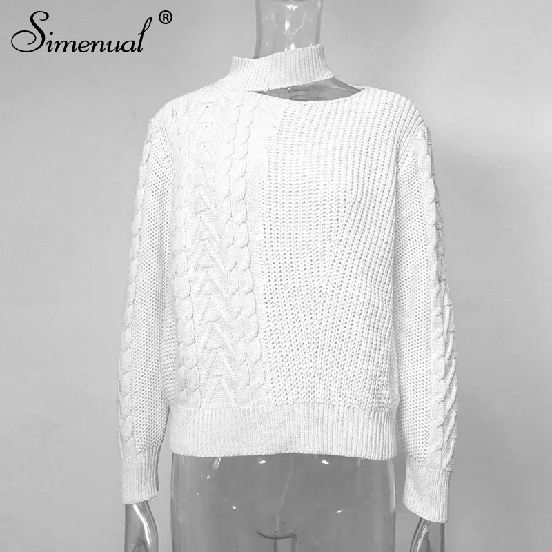 white Simenual Вязанная одежда, модные свитера для женщин, длинный рукав, на одно плечо, пуловеры, Осень-зима, одноцветные, базовые, сексуальные - Цвет: white
