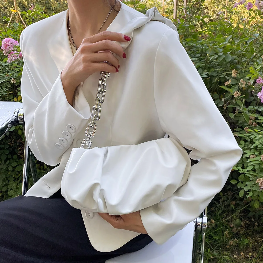 

Fashion Women PU Leather Solid Color Pleated Shoulder Underarm Bag Casual Ladies Thick Chain Small Cloud Handbags Purse