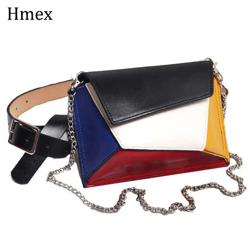Women Colorful Pattern Waist pack Chain Belt High Quality PU Leather Coin Purse Patchwork Crossbody Bag | Аксессуары для одежды