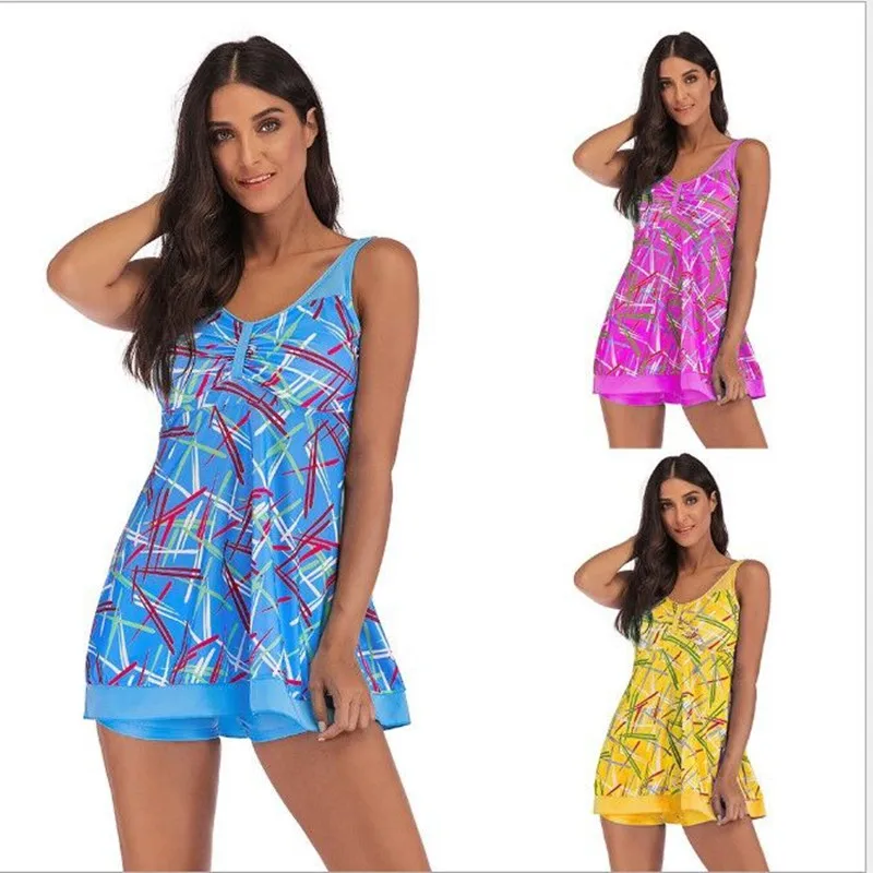 

2021 Women's Swim Suit Plus Size Swimsuits with Skirt Two Piece Tankini Set Swimdress Large Female Swimwear Printed Beach Wear