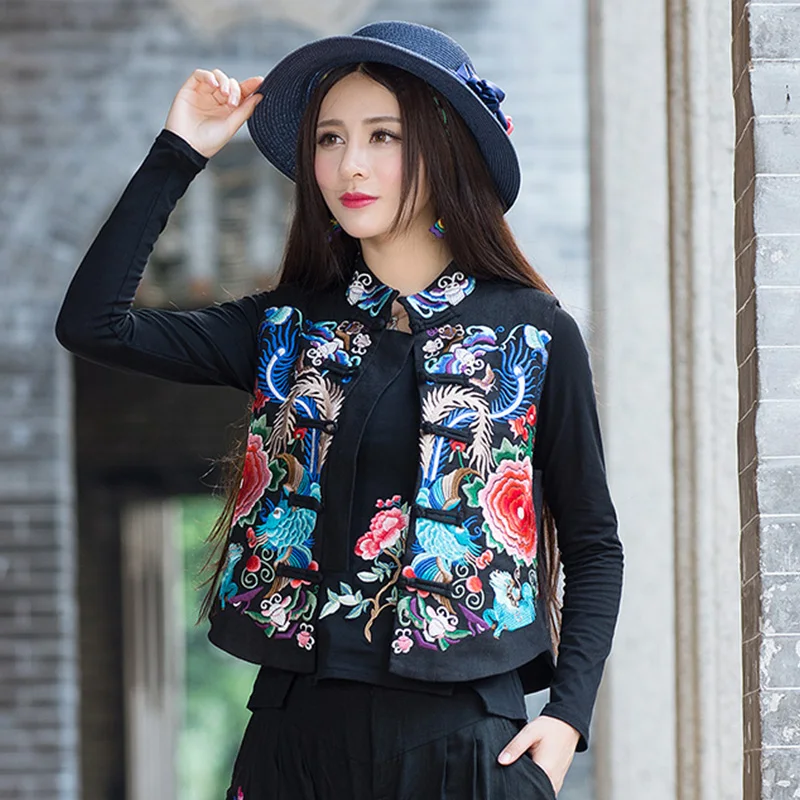 Женский жилет с вышивкой из хлопка и льна традиционный китайский стиль Цветочная