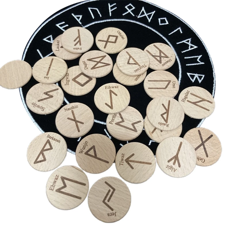

25pcs/set Handmade Wooden Viking Runes Kit Symbols Beads Gypsy Rune Divination Sign Wizard Ritual Props with Cloth Bag