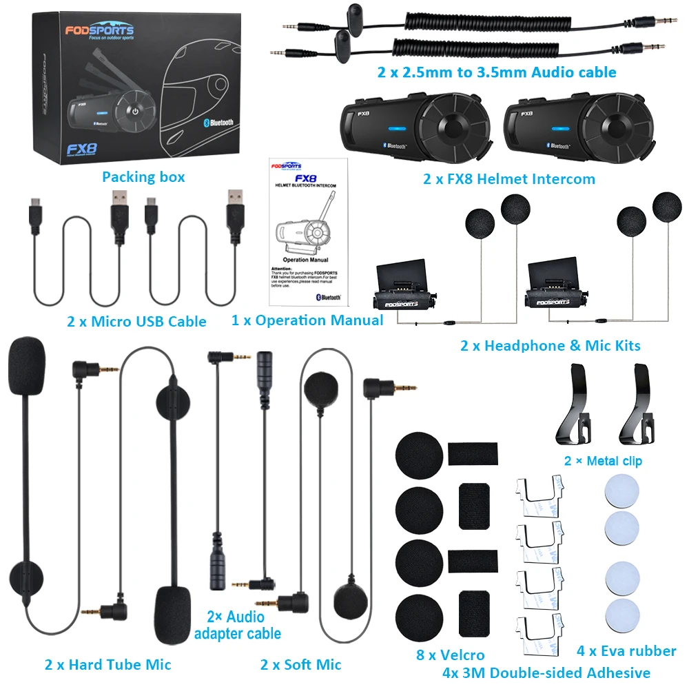 2шт Fodsports Fx8 Bluetooth Интерком Мотоциклетный шлем Беспроводной наушник BT Интерфон FM