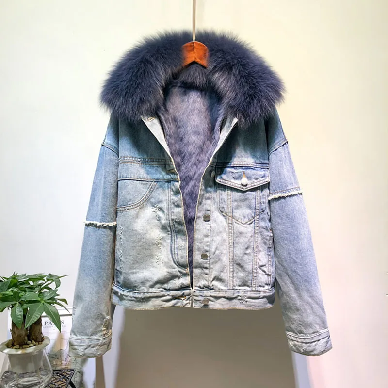 

Женская джинсовая куртка, демисезонная парка с воротником из натурального Лисьего меха, Корейская модель 2019