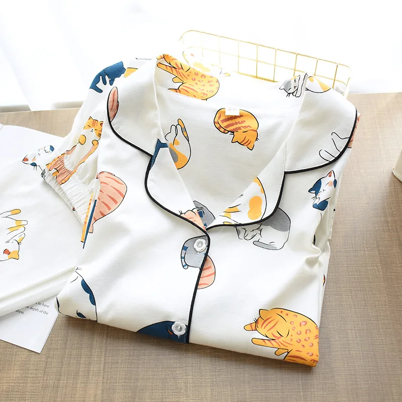 Женская трикотажная Хлопковая пижама из тонкой ткани с мультяшным принтом 2