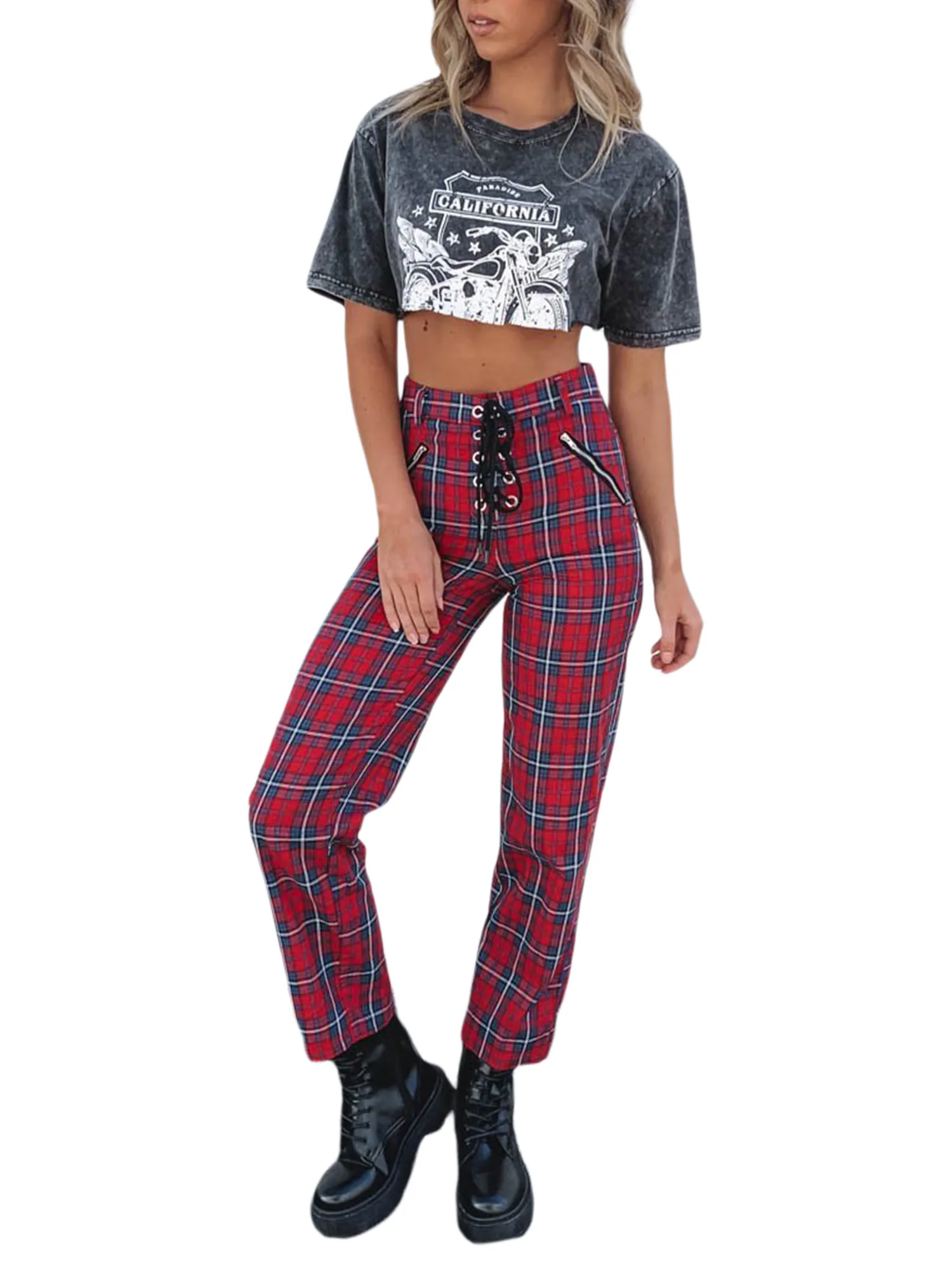 

Womens Casual Straight Trousers Fashion Plaid Bandage High Waist Stretch Long Pants