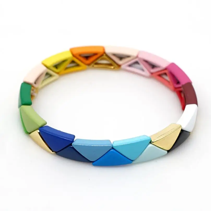 

NEW 1pc Alloy Colorful Enamel Stretch Bracelet Triangle Tile Beads Bracelet Bangle Friendship Jewelry For Women Girls Gift