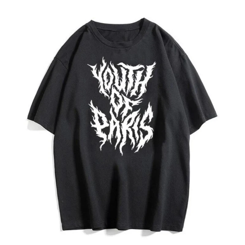 

Youth of Paris Flame Letters Print Gothic Unisex Tees Oversized Loose Cotton Hip Hop Vintage Tops Harajuku Aesthetic Punk Tee