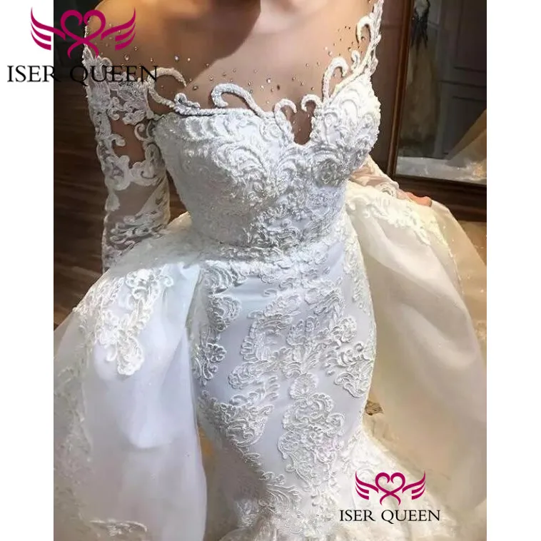 

Embroidery Crystal Beaded Quality Wedding Dress Long Sleeves 2 in 1 design Elegant Detachable Tail Wedding Dresses W0625
