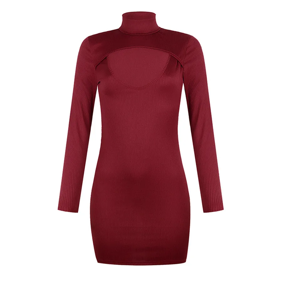 

Turtleneck Hollow Out Womens Dresses Solid Color Long Sleeve Skinny Ladies Dress Sexy Slim Femme Clothing