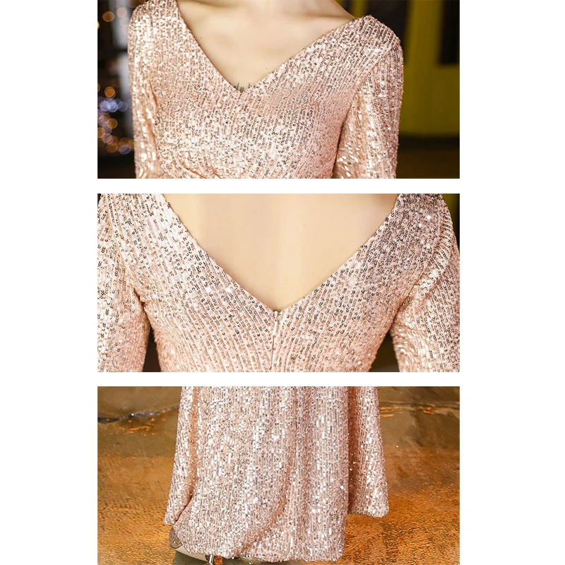 

Evening Dress Nude Pink Shining Sequin Full Sleeve Formal Evening Dress Mermaid Long V-Neck Gowns Robe De Soiree For Women K119