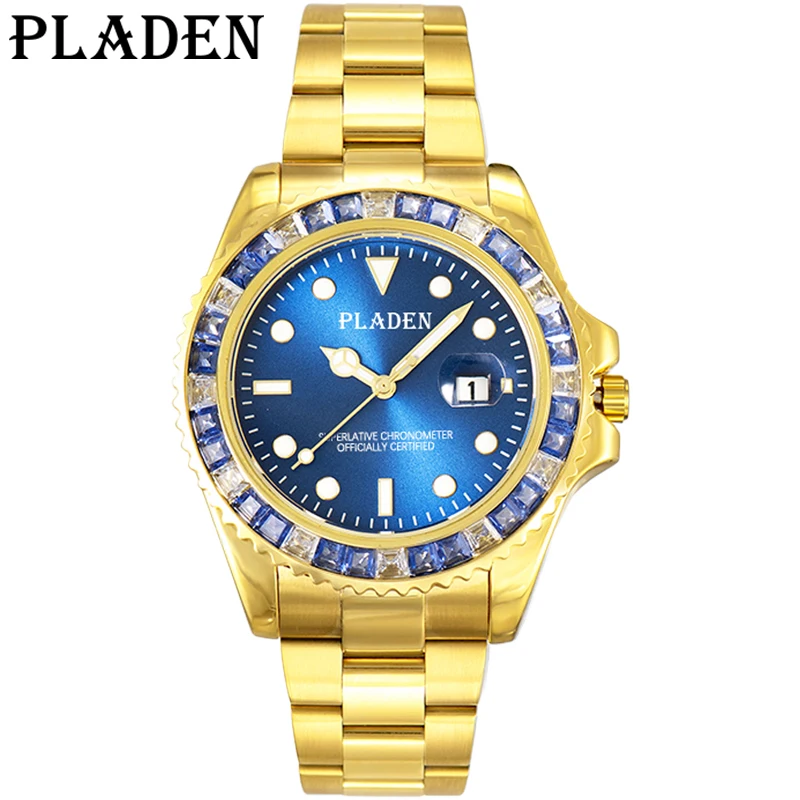 PLADEN Quartz Gold Blue Men's Watches Top Brand Luxury Sapphire Glass Watch Stainless Steel Waterproof Swimming Clock Male Gift
