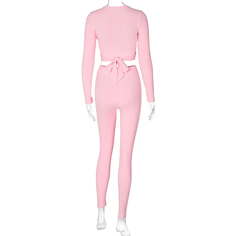

2020 Sexy New Arrivals Autumn Style Long Sleeve V Neck Bow T-Shirt Pink Solid Trousers 2 Piece Set Women Summer Style Sets