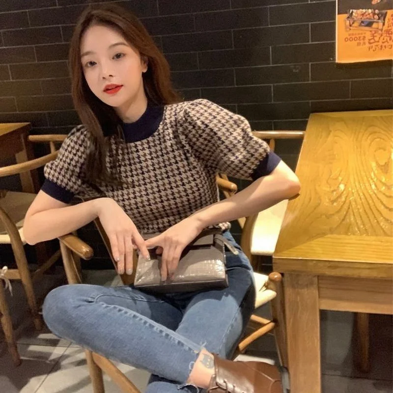 

Korean Knitted Short Sleeve O Neck Women Pullovers Harajuku Hit Color Patchwork Plaid New Sweaters Vintage Sweet Sueter Mujer