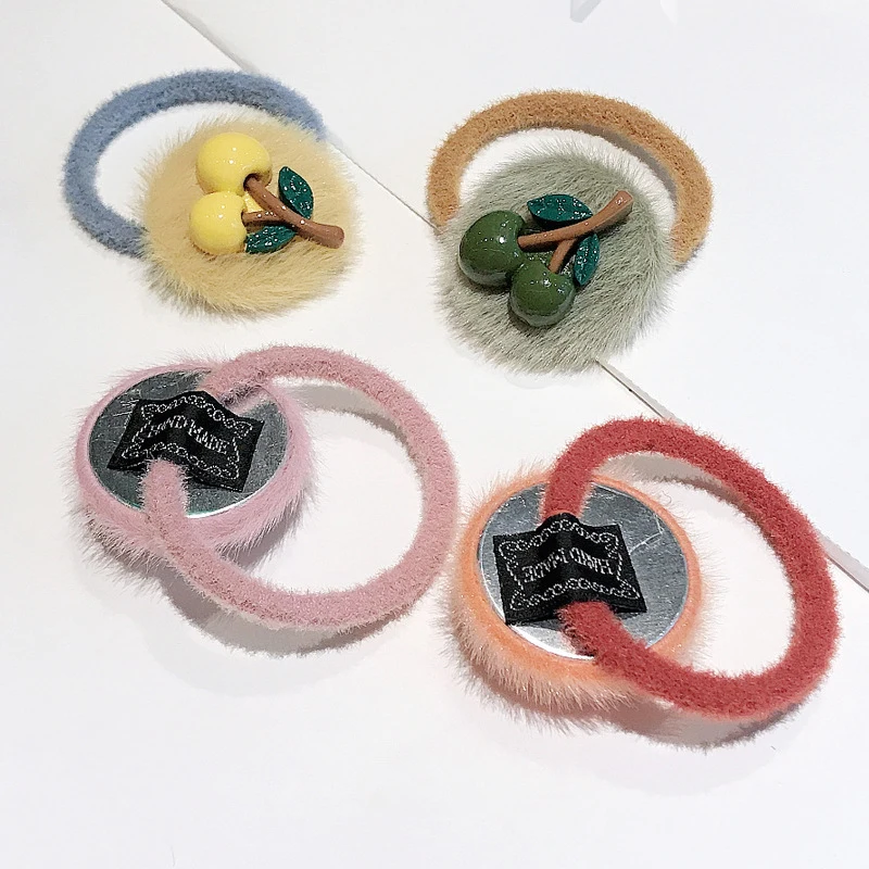 Sweet Cherry Hair Rope Ties For Girls Candy Color Faux Fur Elastic Bands Accessories 1PC Women Korean Plush Scrunchies |