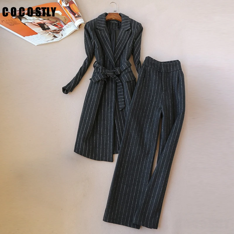 Женский брючный костюм Длинная шерстяная куртка в полоску с длинным рукавом и