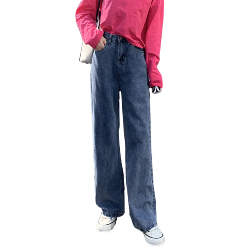 

Waist Straight Jeans Women Loose Solid Color Street Casual Wide-Leg Pants Spring and E74 Autumn 2020 New Fashion Trousers Women
