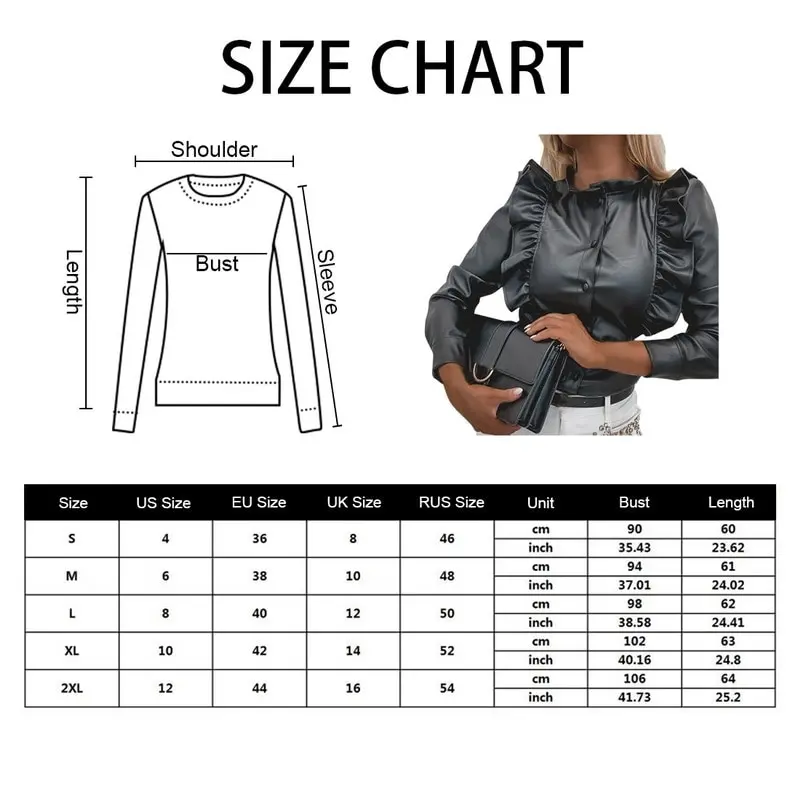 

New Hot Sale Ladies Fashion Spring and Autumn Ruffle Tie Button Slim Long Sleeve Shirt Pu Leather Fashion Shirt For Women