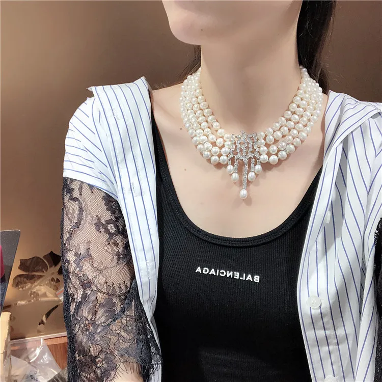 Ожерелье ручной работы с узлом 4 нити 7-8 мм белый пресноводный жемчуг инкрустация