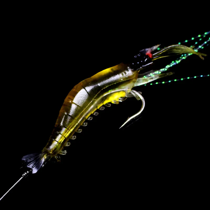 30 шт./лот Ночные светящиеся искусственные креветки приманки 9 см 6 гр мягкие приманки с длинным стальным проволочным бочковым вращающимся соединением J030.