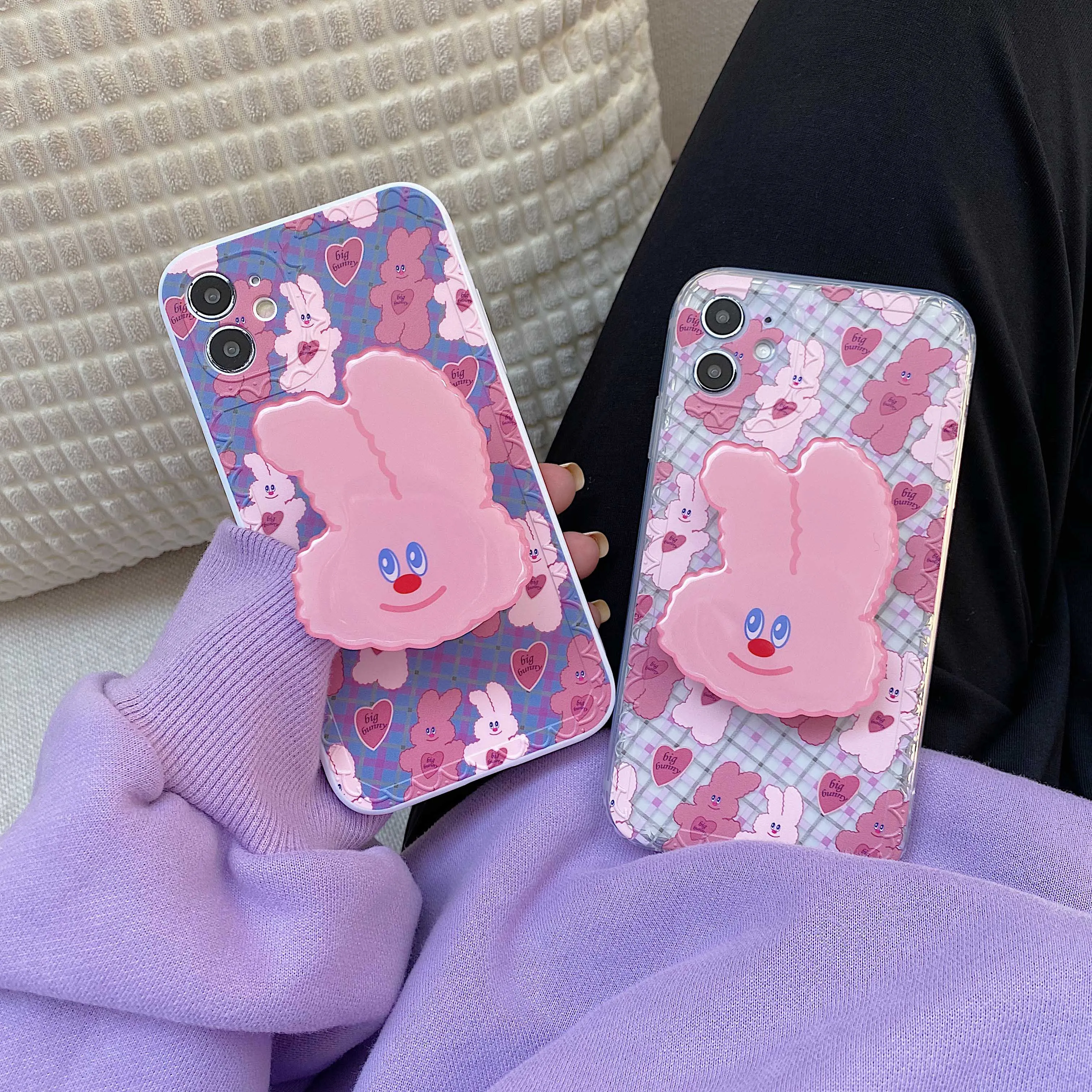 

3D Cute pink Rabbit stand holder phone case for iphone 11 12 Mini Pro Max XR XS MAX X 7 8 Plus Korea ins case soft silicon cover
