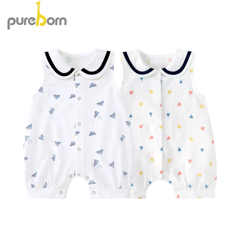 Pureborn/Летняя одежда для маленьких девочек; комбинезон для маленьких мальчиков; белые костюмы для новорожденных; хлопковый милый цельнокроеный комбинезон с самолетом; Новинка