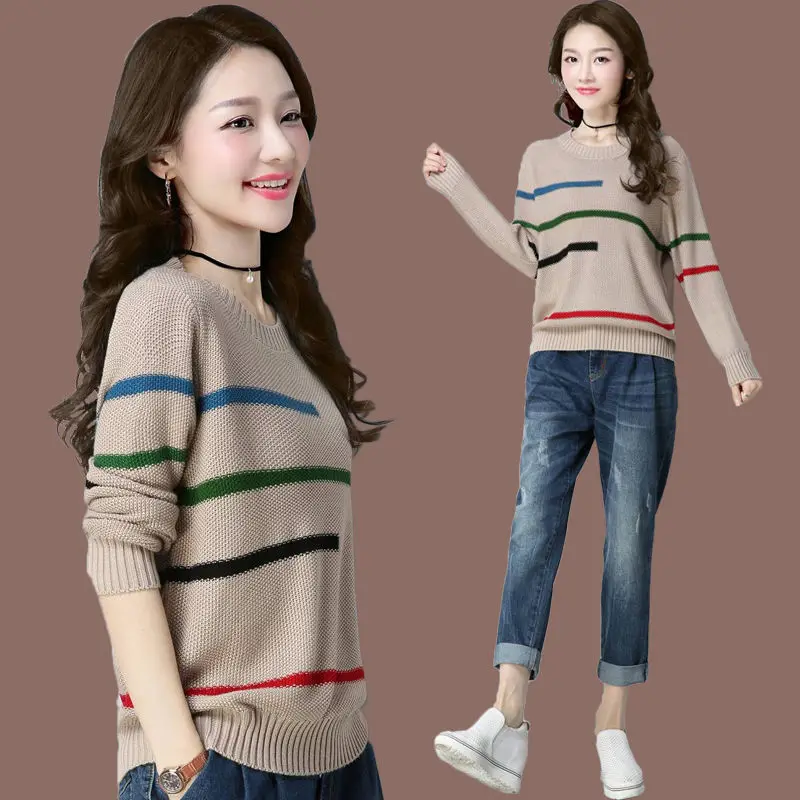

Ladies Striped Sweater Elegant Threaded Sleeve Pullover Women Loose Short autumn Winter Sweater Lady Korean bottoming Shirt Top