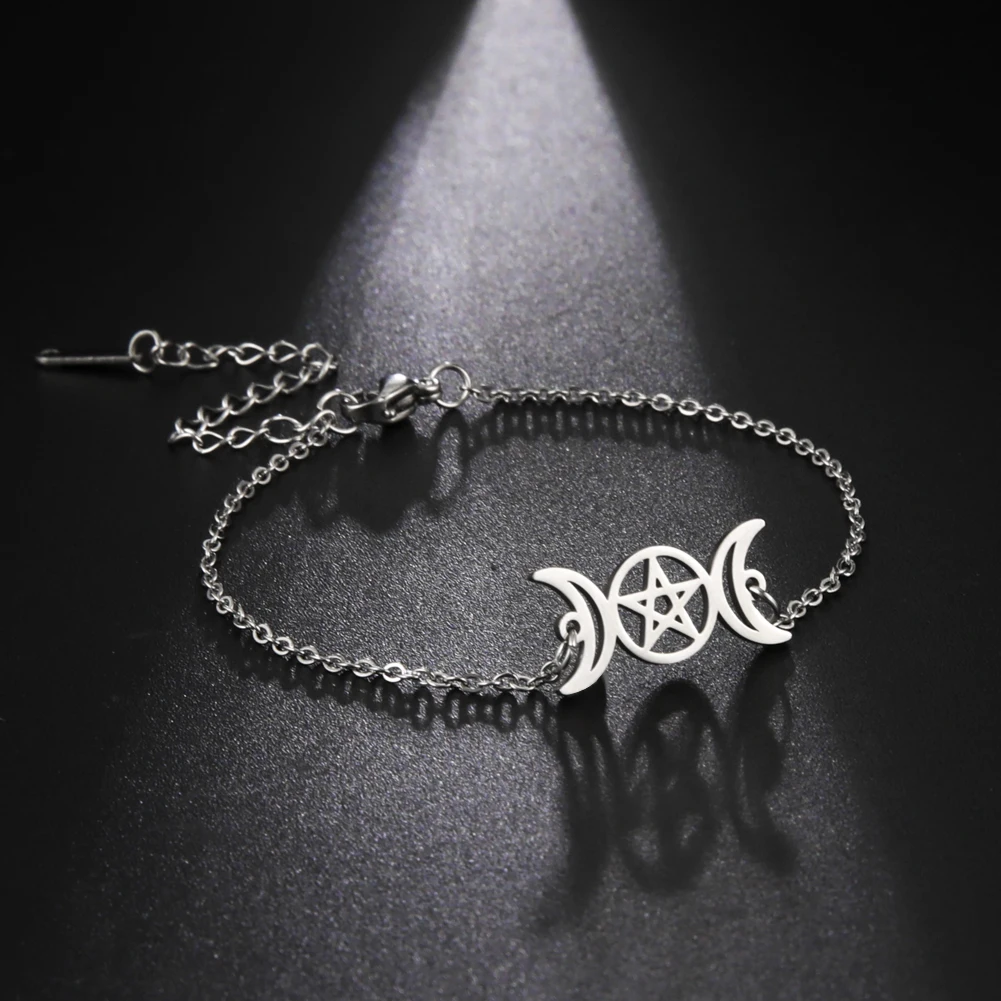 Skyrim Triple Moon Goddess Bracelets for Women Stainless Steel Pentagram Wicca Charm Bracelets Magic Pentacle Witch Jewelry Gift