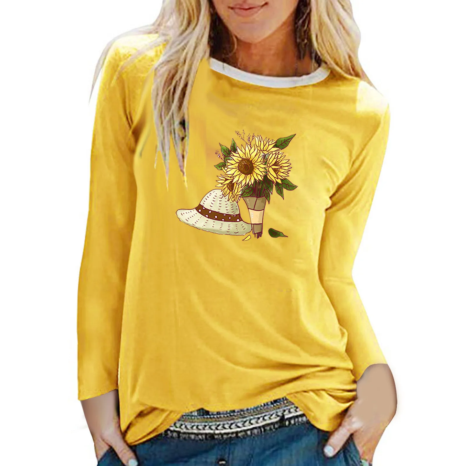 

sunflower print woman tshirts Casual Printing O-Neck Long Sleeve Tops T-shirt super quality clothes camisetas mujer