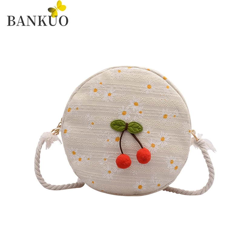 

BANKUO Handbags for Women Casual Cherry Canvas Knitting Round Bag Summer Fashion Girl Shoulder Crossbody Bag Shopping Bags Z215