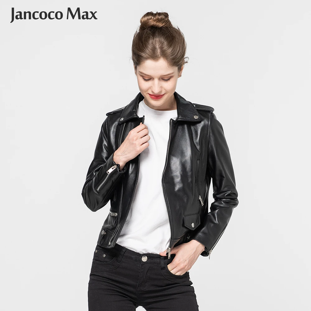 Jancoco Max Демисезонный натуральная кожаная куртка Женская одежда классические черные кожаные пальто новое поступление S8004