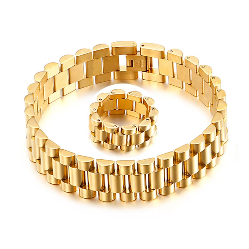 

15mm Hiphop Gold Color Watch Band Chain Bracelet Ring Men Women Stainless Steel Strap Watchband Link Wristband Bracelets Jewelry