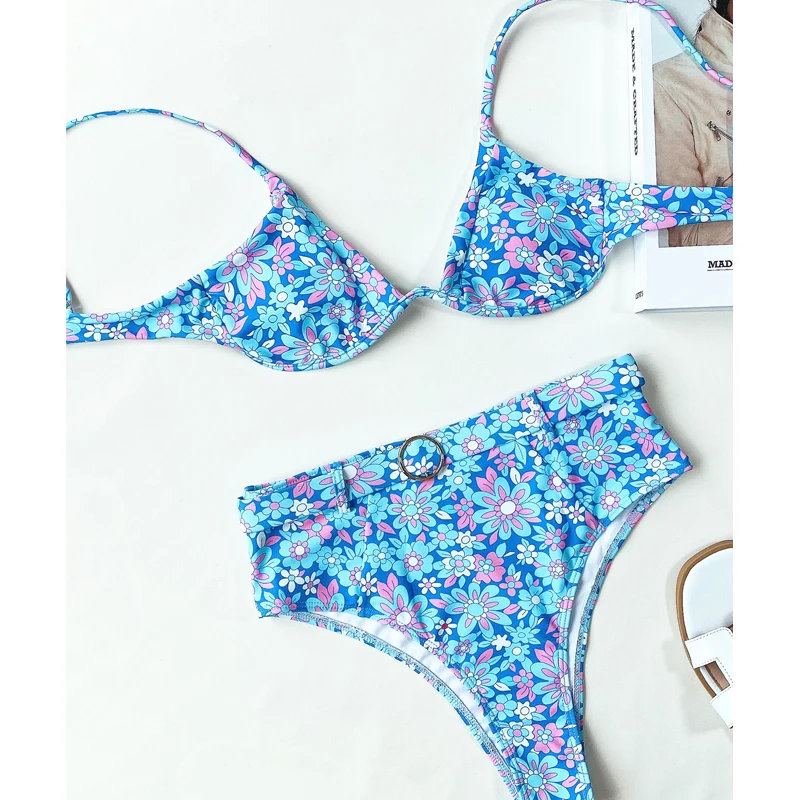 Купальный костюм MYTENG женский с цветочным принтом бикини высокой талией