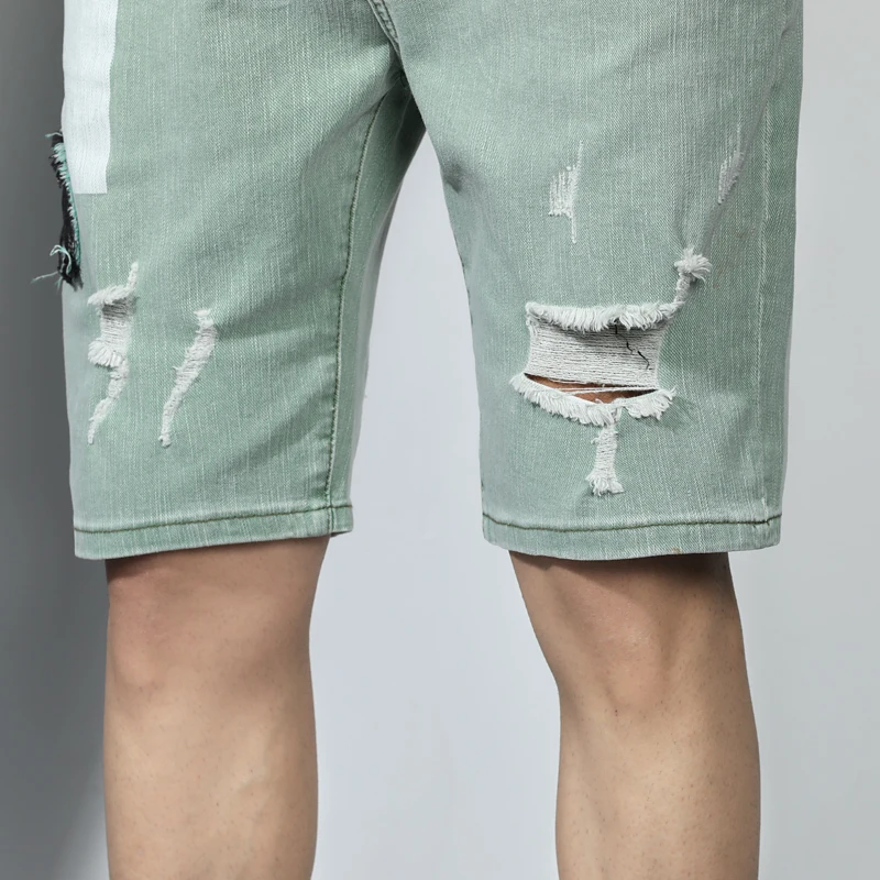 

Summer Men's Denim Shorts Cotton Stretch Fashion Casual Cut Torn Hole Hip-hop Mid Pants Jeans Thin Brand Male Clothes Green