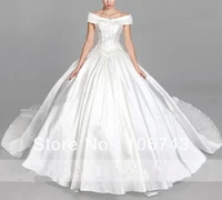free shipping 2016 pearls boat neck cap sleeve bow luxury crystal vintage wedding dress bridal ball gowns vestido de noiva