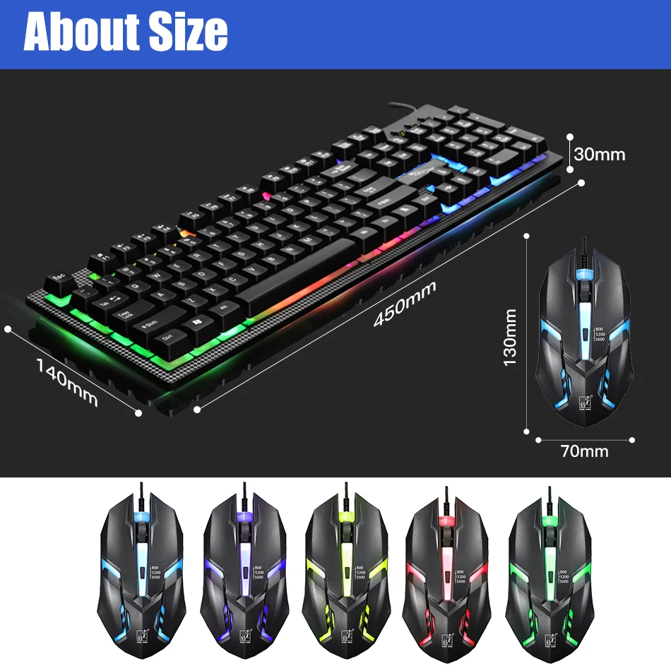 Проводная клавиатура и мышь Combo RGB подсветка игры USB геймерская для ПК набор мышей