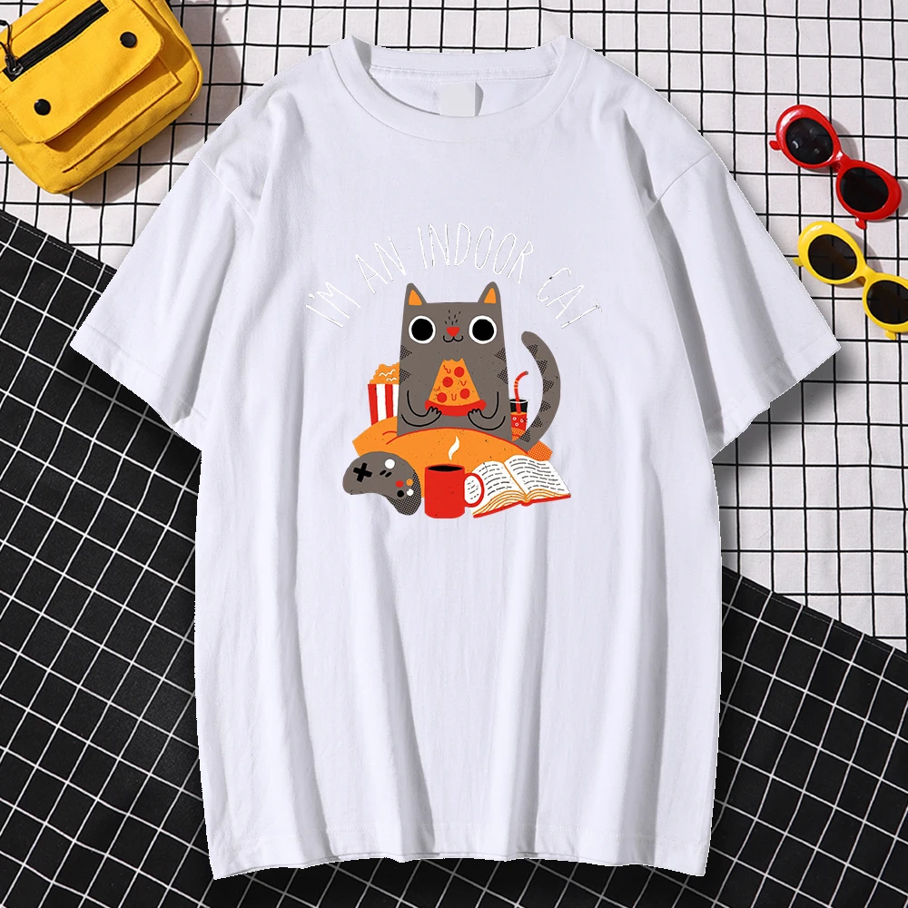 

Casual Home Tees Shirts Retro Breathable Cat Sitting And Eating Pizza Printed Man Tshirt Casual Simplicity Clothing Kohpweran