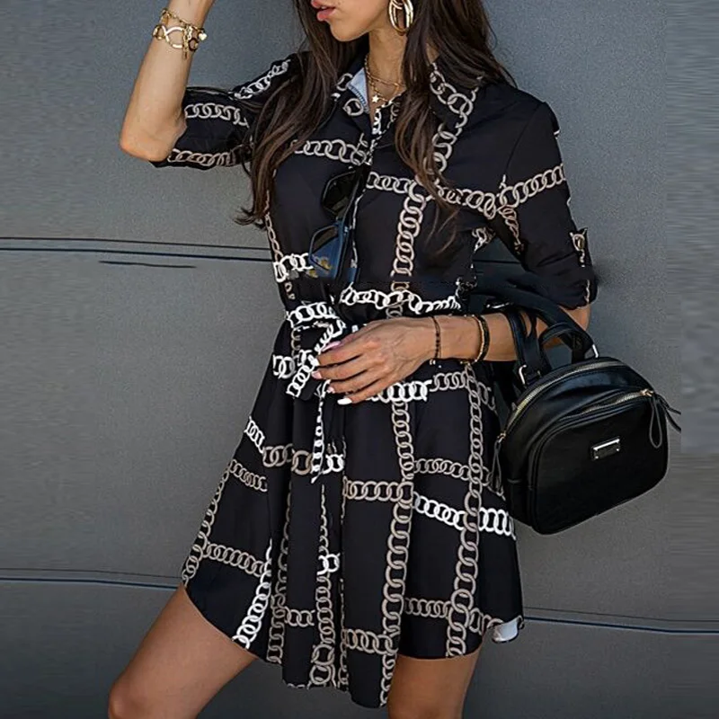 

2020 New Style Vintage Chains Plaid Print Dresses Office Lady Turn-Down Collar Elegant Dress Casual 3/4 Sleeve Sashes Slim Mini