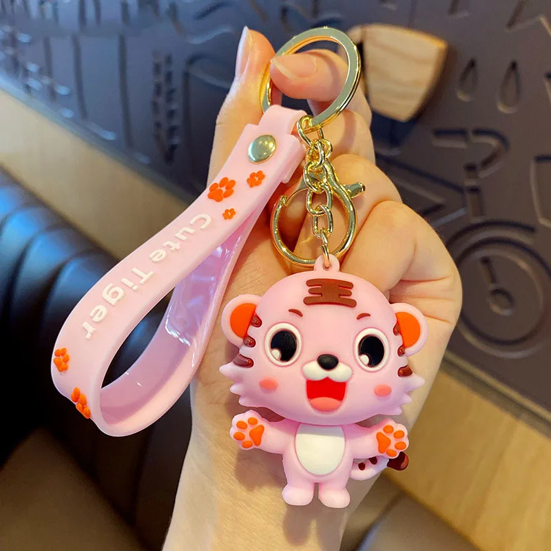 Cartoon silicone Pink yellow Cute small Tiger Key Chain For Women Kawaii big eyes Keychain Fashion Bag Keyring Charm Gift |