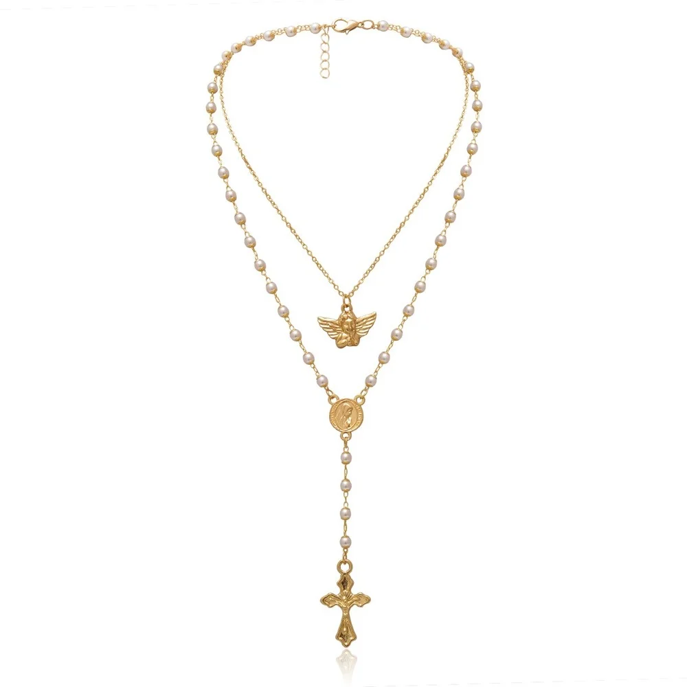 

Fashion retro little angel personality geometric necklace temperament imitation pearl Y-shaped cross tassel necklace accessories