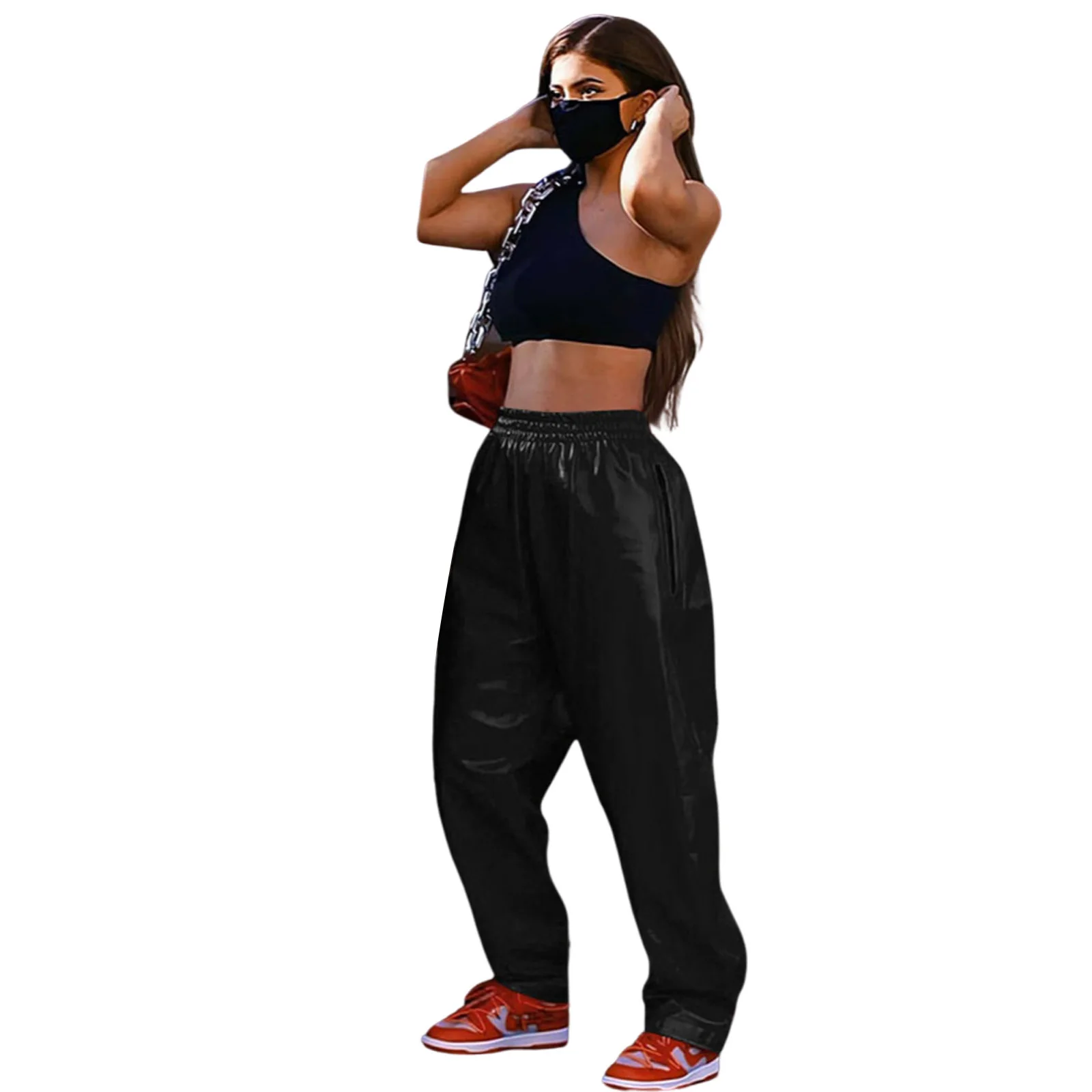 

New Women Trendy Style Pants Adults Solid Color Faux Leather Wide Leg High Waist Trousers with Zipper Pockets