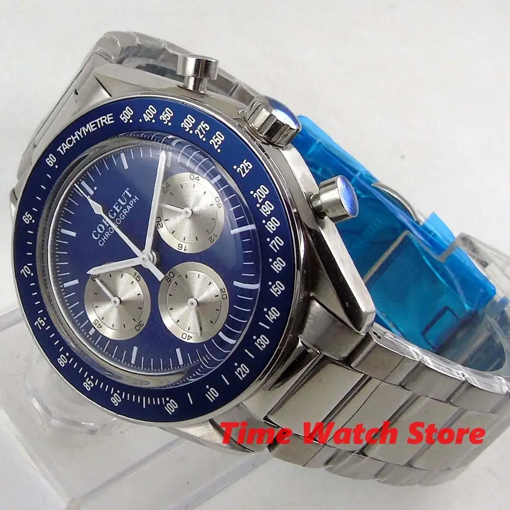 

Corgeut 40mm Watch men waterproof Quartz stainless steel bracelet Full Chronograph blue dial blue bezel stop wrist C177