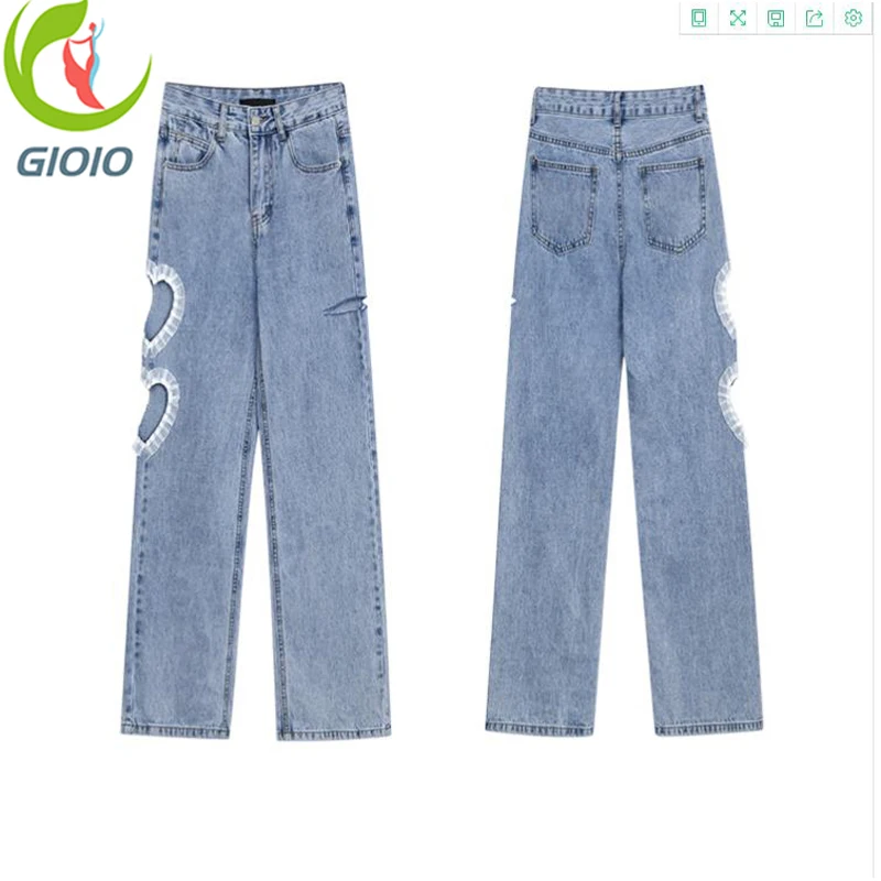 

Женские рваные джинсы Love, узкие свободные брюки с широкими штанинами, прямые брюки с высокой талией, лето 2021