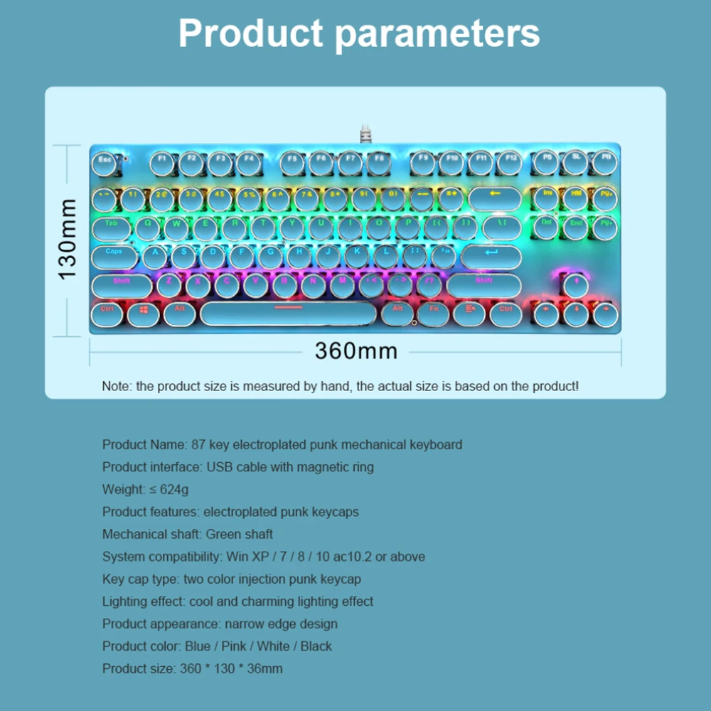 

K870 Colorful RGB 87 Keys Wired Mechanical Keyboard Punk Round Key Cap Axis Waterproof Backlight Keyboard for Gaming Office