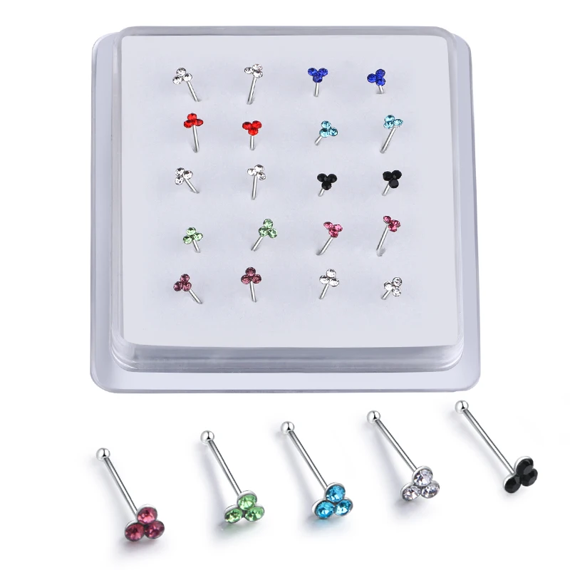 20 PCS Crystal Nose Stud for Women Men Nose Piercing Jewelry 3 Stone Nose Bone Ball Pin Wholesale