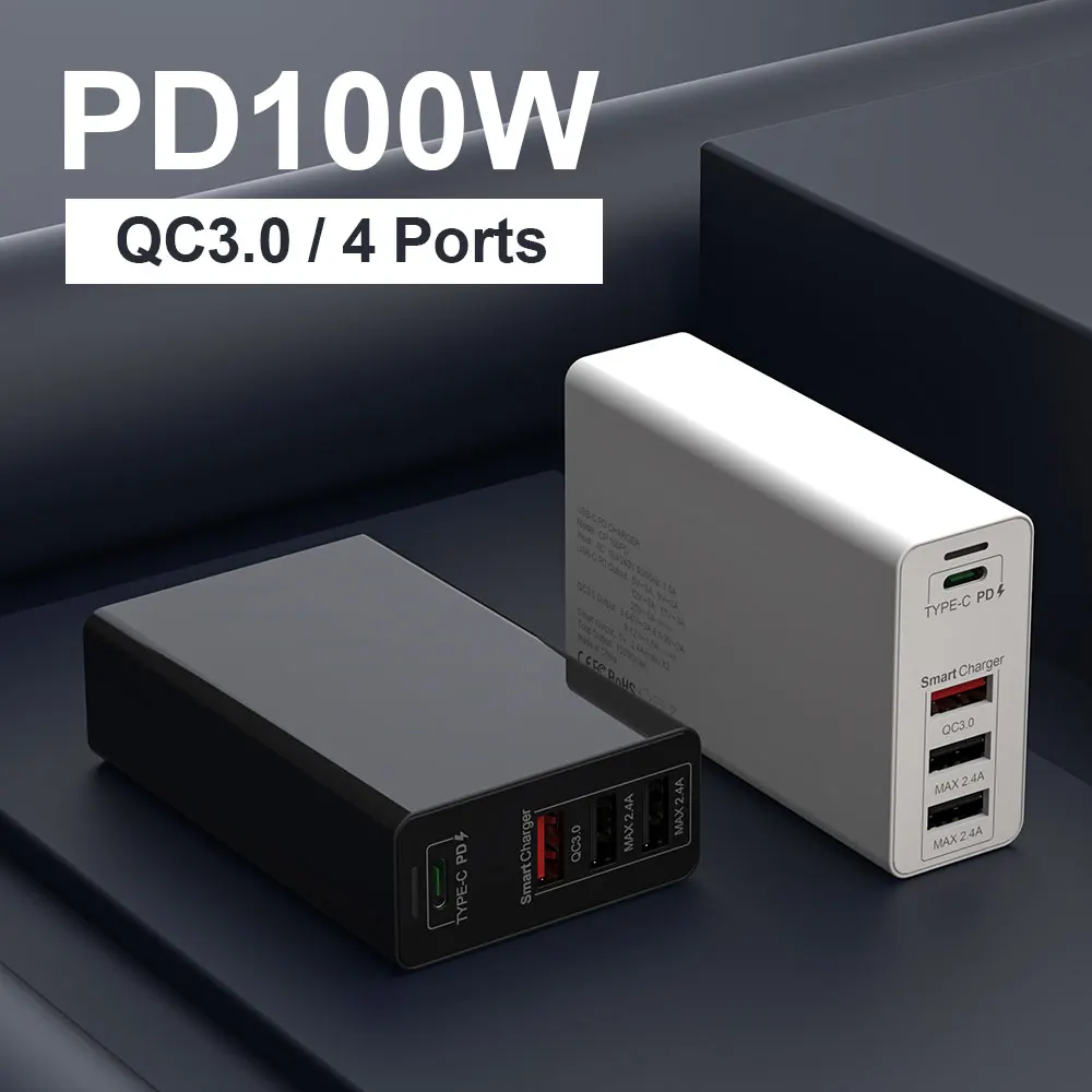 

4-Port USB C PD 100W Power Adapter Type C Fast Charger for Macbook Pro QC 3.0 Quick Charge Station for iPhone Desktop Chargers